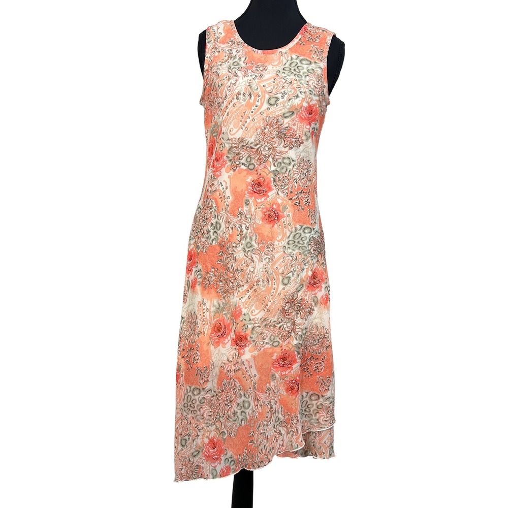 Y2K Boho Babydoll Maxi Dress Women's 8 Orange Floral Sequin Asymmetric Ethereal